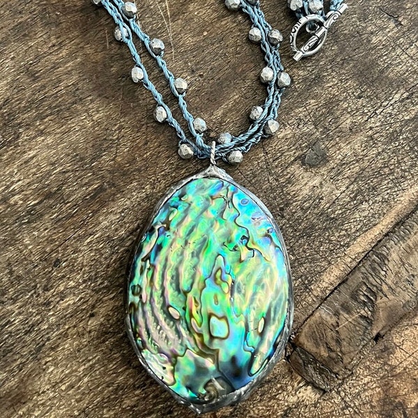 Bohemian Jewelry Boho Necklace Silver Jewelry Abalone Soldered Pendant Beaded Jewelry Crochet Necklace Beach Boho Jewelry Artisan Jewelry