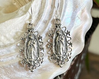 Boho Faith Jewelry Our Lady of Guadalupe Virgin Mary Earrings Mother Mary Jewelry Silver Dangle Earrings Religious Earrings Bohemian Jewelry