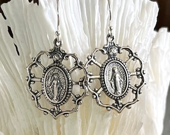 Boho Faith Jewelry Mother Mary Earrings Virgin Mary Jewelry Silver Dangle Earrings Religious Earrings Bohemian Jewelry Filigree Drop Earring