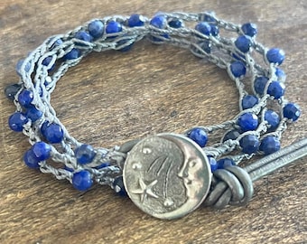 Bijoux bohèmes Bracelet au crochet lune et étoile Bracelet bobo multi-tours bohème Bijoux célestes Bijoux lune Bracelet de pierres précieuses bleues