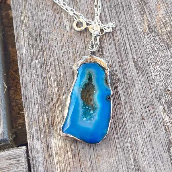Boho Jewelry Blue Druzy Necklace Boho Necklace Silver Soldered Gemstone Pendant Ombre Geode Gemstone Layering Necklace Boho Artisan Jewelry