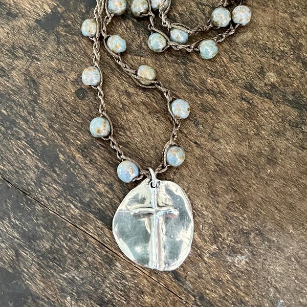 Cross Necklace, Boho Faith Jewelry, Boho Necklace, Crochet Necklace, Boho Jewelry, Silver Cross, Artisan Jewelry, Religious Jewelry Handmade