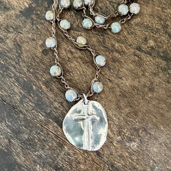 Boho Jewelry Bohemian Necklace Boho Faith Cross Necklace Silver Boho Necklace Boho Jewelry Religious Jewelry Crochet Necklace Artisan Boho