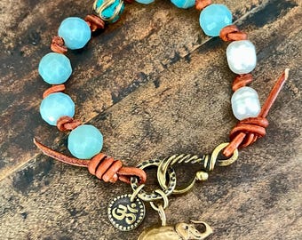 Bijoux bohèmes, bracelet éléphant, bijoux en perles, bracelet wrap noué en cuir, bijoux en pierres précieuses, bijoux bohèmes, bracelet bohème, fait main