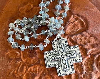 Boho Faith Jewelry Artisan Silver Cross Labradorite Necklace Southwestern Boho Jewelry Rosary Boho Necklace Handmade Silver Artisan Jewelry