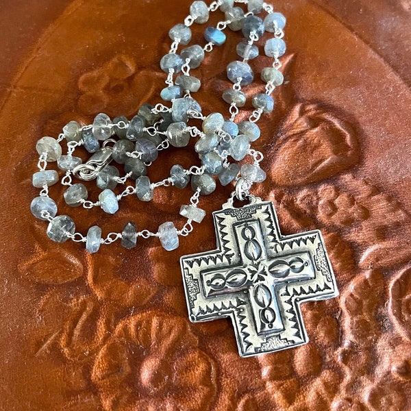 Boho Jewelry, Boho Faith Jewelry, Gemstone Necklace, Southwestern Cross, Rosary Necklace, Silver Artisan Jewelry, Boho Necklace, Bohemian