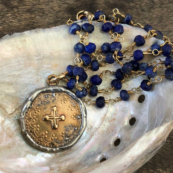 Medallion Necklace Boho Necklace Lapis Necklace Soldered Pendant Cross Necklace Faith Rosary Boho Jewelry Gemstone Jewelry Bohemian Jewelry