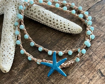 Starfish Bracelet Boho Jewelry Boho Bracelet Beach Boho Jewelry Crochet Bracelet Ocean Blue Bracelet Bohemian Jewelry Starfish Jewelry Boho