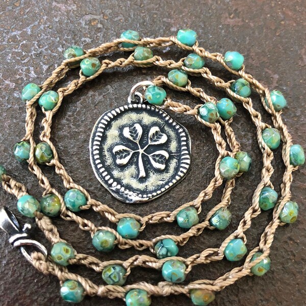 Heart Necklace Silver Boho Jewelry Turquoise Jewelry Four Leaf Clover Necklace Boho Beaded Jewelry Boho Lucky Bracelet TwoSilverSisters