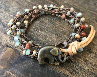 Boho Elephant Bracelet Boho Jewelry Elephant Jewelry Gemstone Beaded Bracelet Boho Bracelet Bohemian Jewelry Boho Jewelry Crochet Wrap Boho