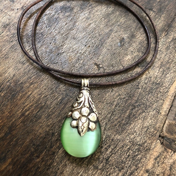 Tibetan Boho Necklace Bohemian Jewelry Flower Pendant Silver Boho Jewelry Green Pendant Rustic Leather Necklace Beach Boho TwoSilverSisters