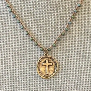 Boho Faith Jewelry, Cross Necklace, Crochet Necklace, Cross Coin Pendant, Religious Necklace, Bohemian Jewelry, Beaded Necklace, Handmade