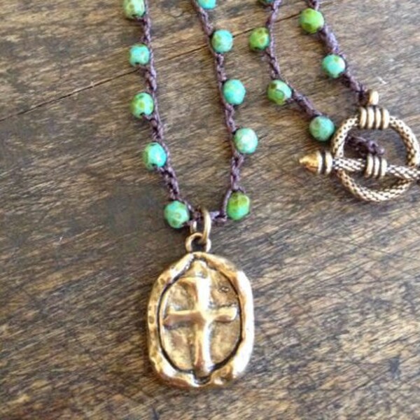 Boho Necklace Beaded Cross Necklace Boho Faith Jewelry Turquoise Necklace Crochet Jewelry Handmade Jewelry Boho Jewelry Religious Necklace
