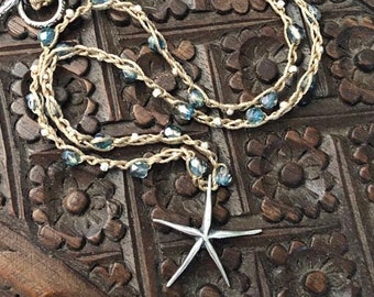 Starfish Necklace Boho Jewelry Beach Jewelry Bohemian Necklace Starfish Jewelry Beaded Beach Necklace Silver Starfish Beach Chic Necklace