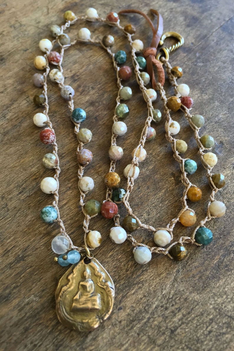 Colorful Crochet Necklace Bronze Buddha Gemstone Bohemian Etsy