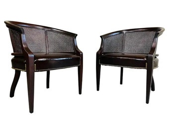 Pair of Regency Hickory Chair Co. Cane Barrel Back Club Chairs Having Lithe Legs