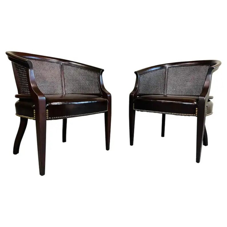 Pair of Regency Hickory Chair Co. Cane Barrel Back Club Chairs Having Lithe Legs image 1