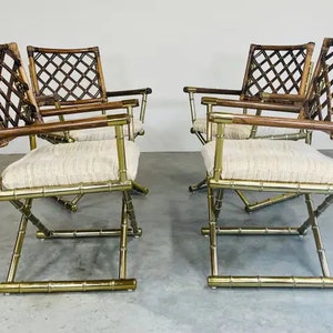 4 Vintage Cleo Baldon Style Daystrom Brass Faux Bamboo Lattice Rattan Armchairs image 4