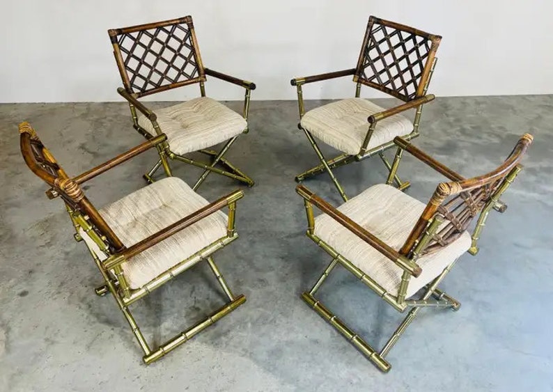 4 Vintage Cleo Baldon Style Daystrom Brass Faux Bamboo Lattice Rattan Armchairs image 5