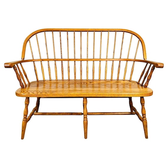 Vintage Oak Windsor Spindle Back Prosper's Bench or Settee 1970s