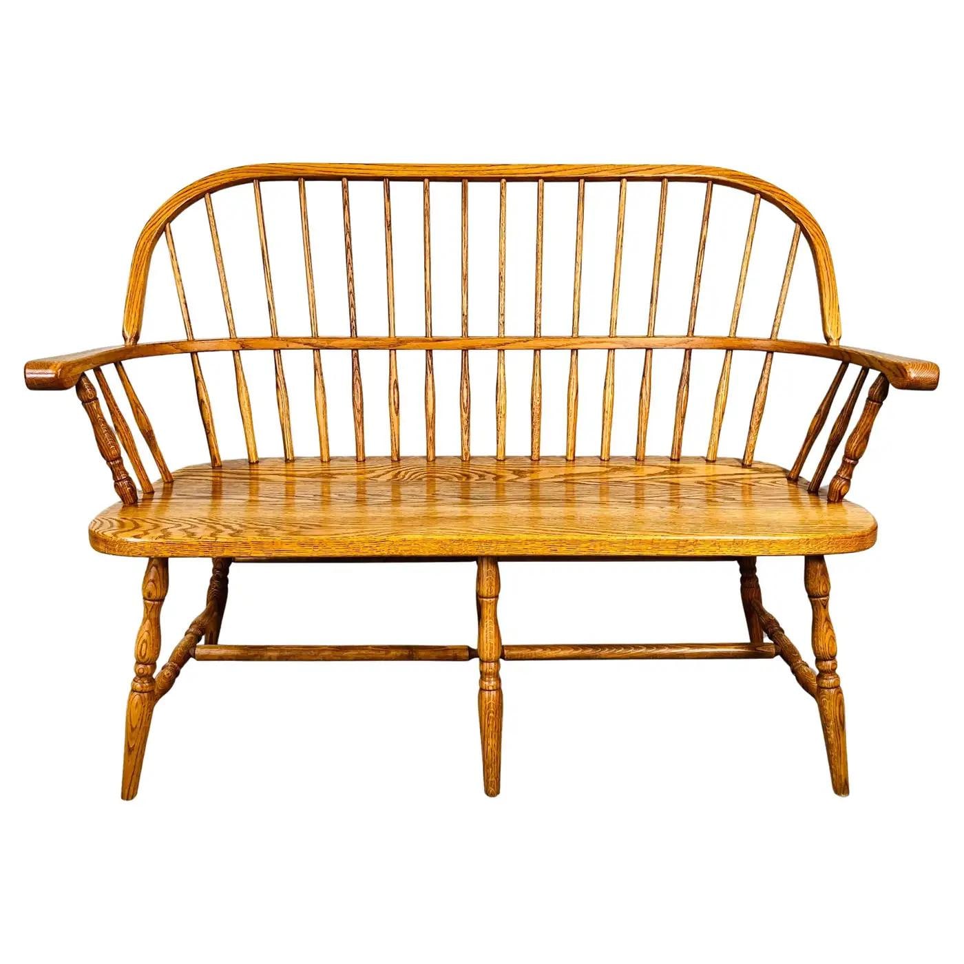 Vintage Oak Windsor Spindle Back Prosper's Bench or Settee 1970s