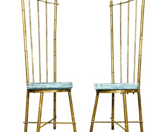 Vintage Pair Of Hollywood Regency Gold Gilt Metal Faux Bamboo High Back Chairs