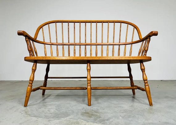 Vintage Oak Windsor Spindle Back Prosper's Bench or Settee 1970s