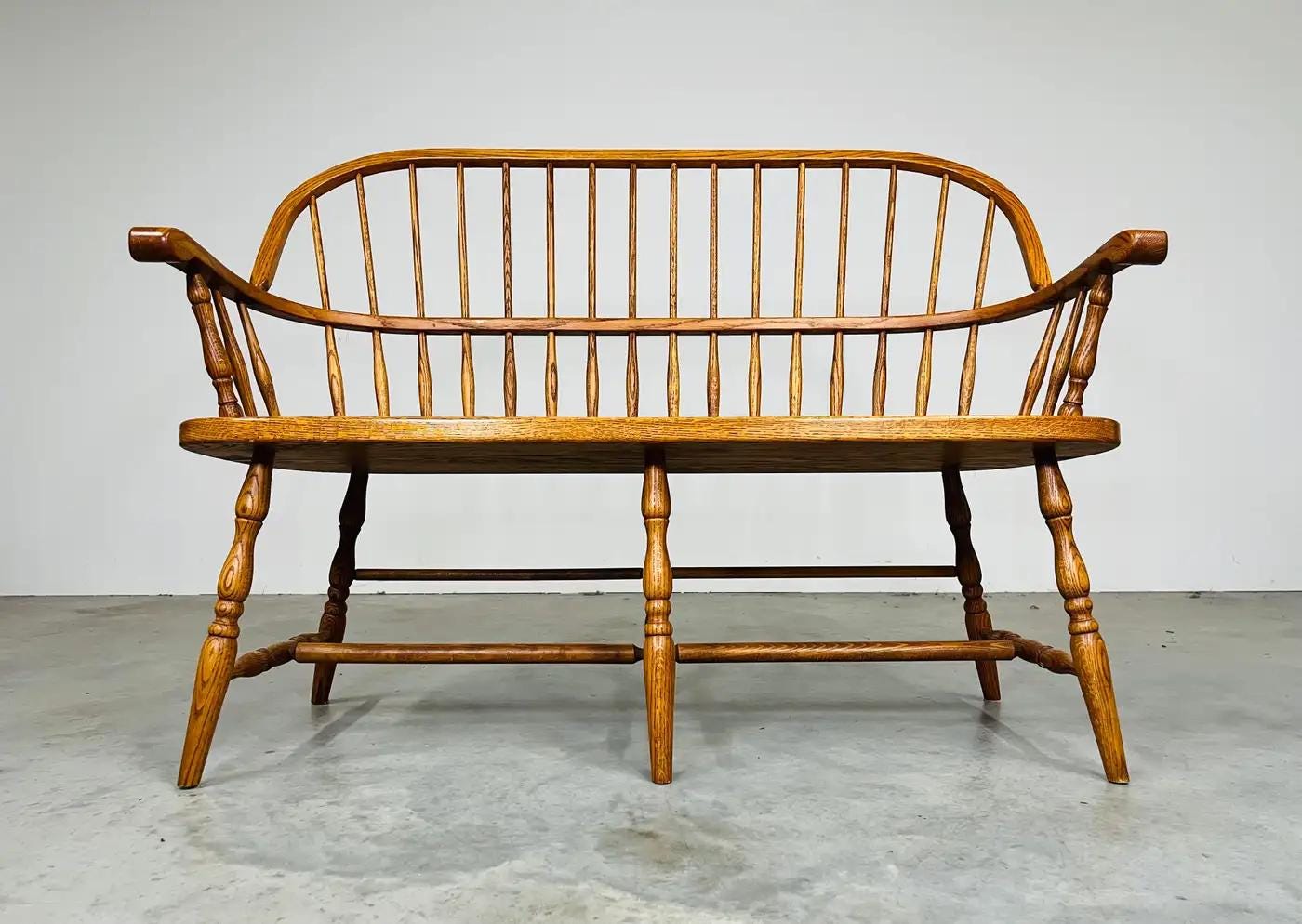 Vintage Oak Windsor Spindle Back Prosper's Bench or Settee 1970s