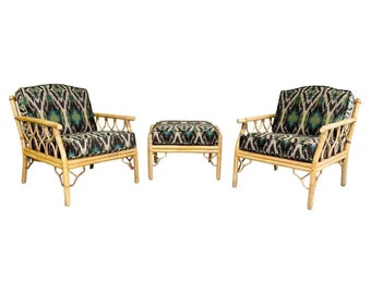 Mid 20th c. Chinese Chippendale Bamboo Rattan Lounge Chairs & Matching Ottoman