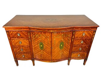 Fine Sheraton Revival Satinwood Adams Style Painted Bow Front Buffet Sideboard