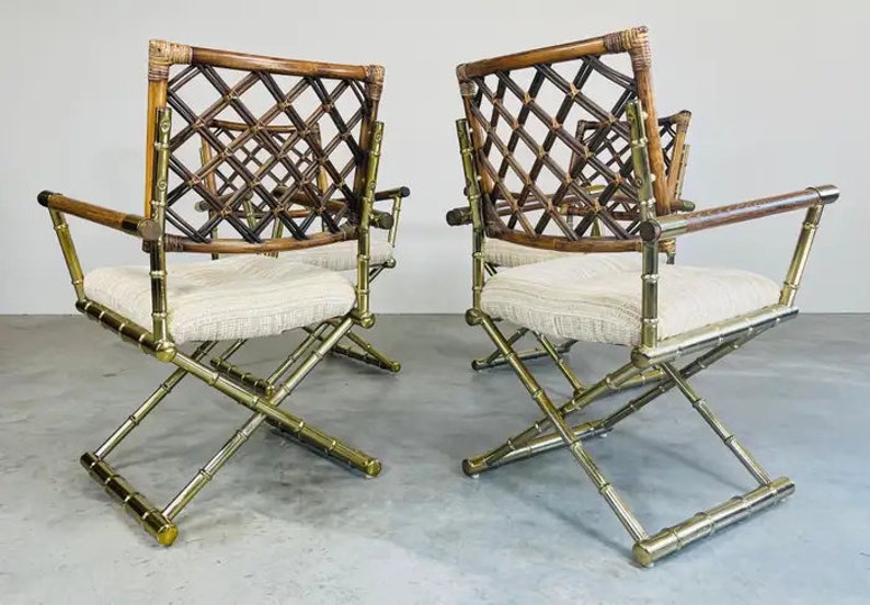 4 Vintage Cleo Baldon Style Daystrom Brass Faux Bamboo Lattice Rattan Armchairs image 7