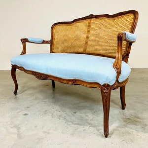 19th Century Hand Carved Walnut Louis XV Settee or Bench with Silk Upholstery image 9