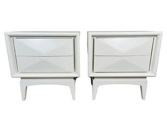 Mid-Century White Diamond Front Nightstands By United Furniture