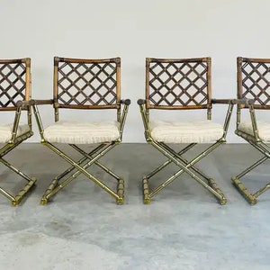 4 Vintage Cleo Baldon Style Daystrom Brass Faux Bamboo Lattice Rattan Armchairs image 3