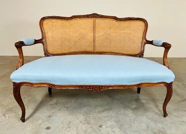 19th Century Hand Carved Walnut Louis XV Settee or Bench with Silk Upholstery image 2