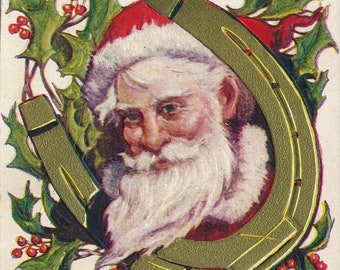 Christmas: Vintage 1910 Santa Claus Christmas Postcard with Holly and Bells
