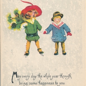 Natale: antica cartolina di auguri natalizi con bambini edoardiani che si tengono per mano mentre pattinano. Questa cartolina risale ai primi anni del 1900.