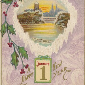 Neujahr: Vintage Neujahrs Postkarte mit Stechpalme und Glocken, um 1900 - Sammler Weihnachtskarte