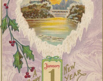 Vintage New Year's Postcard: Holly, Bells, Circa 1900s