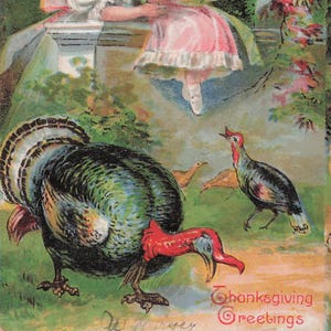Ringraziamento: cartolina d'epoca del 1908 con auguri per il Ringraziamento con bambini e tacchino - in rilievo e scritta a mano, stampata in Sassonia