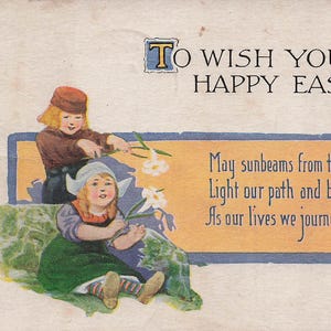 Carte postale antique de Pâques - Enfants hollandais et tulipes (1914)