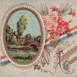 Carte Postale Ancienne "Salutations de Thanksgiving" | 1911 Scène Festive en Relief avec Fleurs et Nœud | Éphémère de Collection