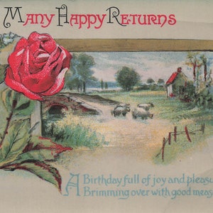 Geburtstag: Vintage Postkarte - "viele glückliche Wiederkehr" Geburtstagsgruß mit rustikalem Motiv und Rose