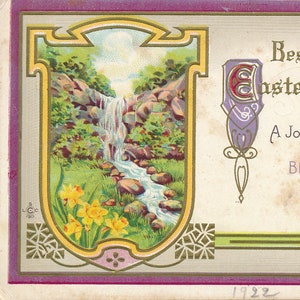 Pasqua: cartolina d'epoca del 1922 "I migliori auguri di Pasqua" con scena di cascata primaverile - Oggetti da collezione
