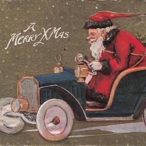 Noël : Ancienne carte postale de Noël Père Noël dans une voiture ancienne, objet de collection du début des années 1900