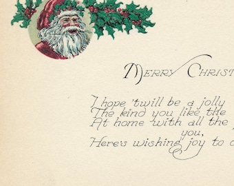 Antieke ansichtkaart kerstman, vrolijk kerstgedicht, jaren 1920