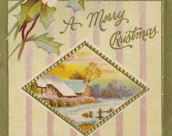 Christmas: Vintage 1910s "A Merry Christmas" Postcard with Vibrant Floral and Winter Landscape Design