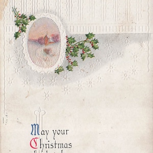 Natale: Antica cartolina natalizia in rilievo - "Che il tuo Natale sia luminoso e allegro" - Biglietto di auguri vintage dei primi anni del 1900