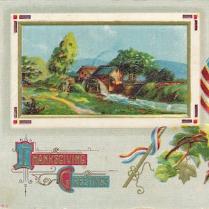 Acción de Gracias: Postal vintage de Acción de Gracias - Americana de principios del siglo XX, saludo festivo coleccionable con escena rústica y bandera