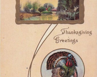 Antique 1909 Thanksgiving Postcard – Embossed Turkey & Autumn Countryside Scene – Classic Holiday Greetings